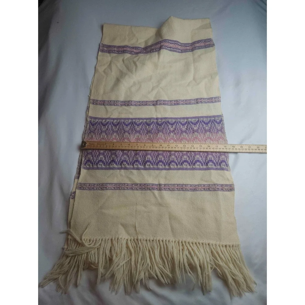 Hand Woven Table Runner Scarf Cream Purple Pink Fringe Artisanal Woven Decor 35